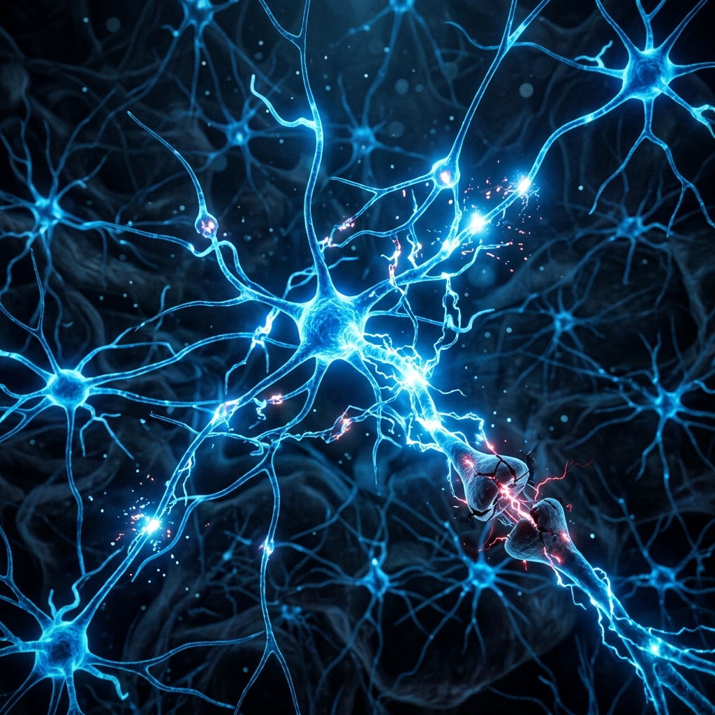 Close-up 3D rendering of blue glowing neural connections on a dark background, representing how stress impacts brain function and trading decisions