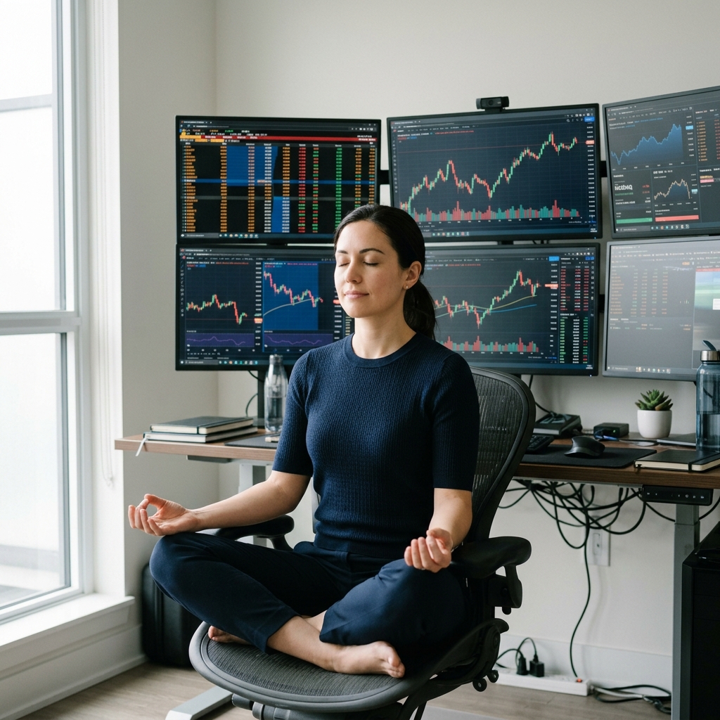 A person in a peaceful meditation pose, eyes closed, symbolizing the breathing reset techniques that help traders regulate their nervous system before re-entering a position