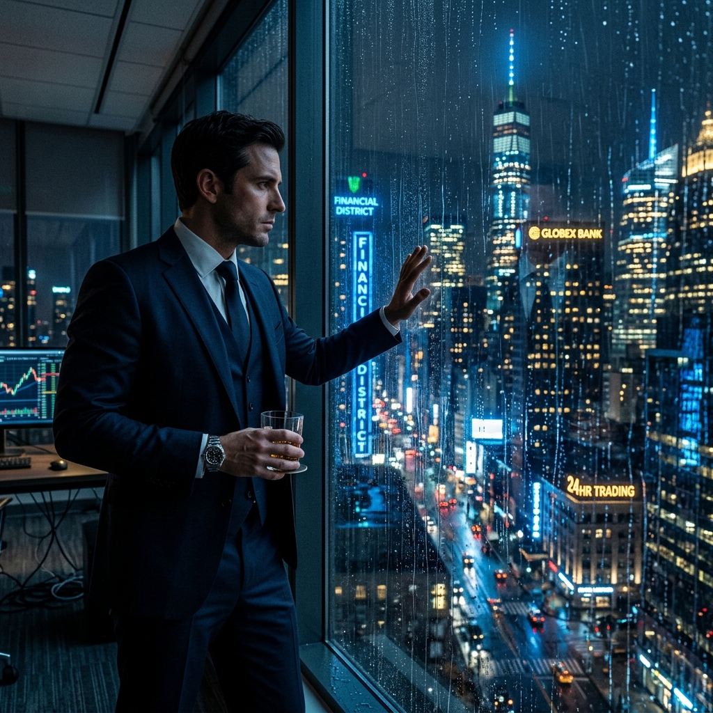 A cinematic, low-angle shot of a professional trader in a tailored suit looking intensely out a rain-streaked highrise window at an illuminated city skyline