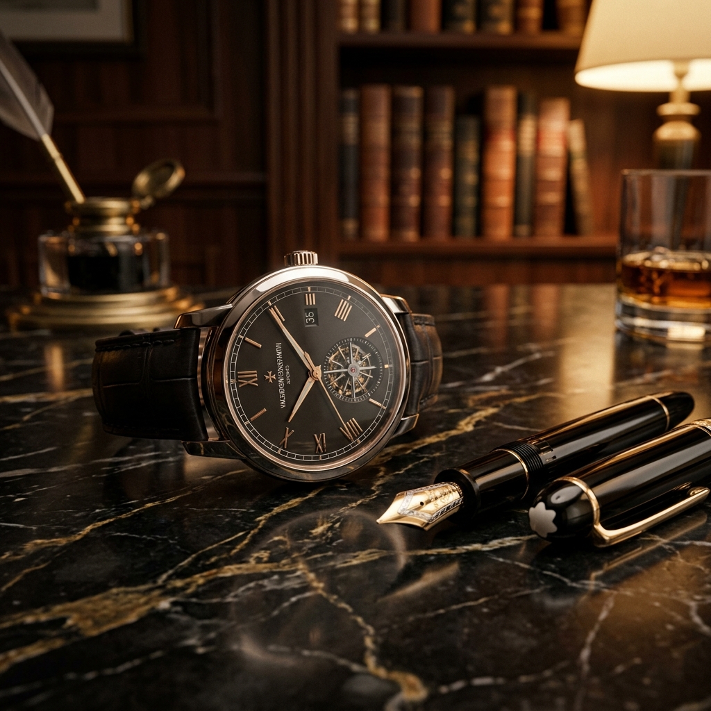 A sophisticated dark-themed shot of a luxury watch resting on a marble desk next to a sleek fountain pen, symbolizing time and patience instead of FOMO
