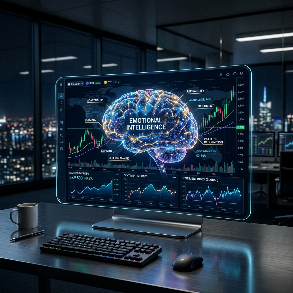 A detailed modern glass dashboard showing glowing minimal trading charts overlaid with a complex neural brain network representing emotional intelligence