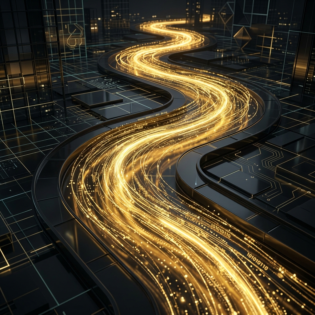 A sleek abstract futuristic visual representation of a glowing digital river flowing smoothly in streams of gold data