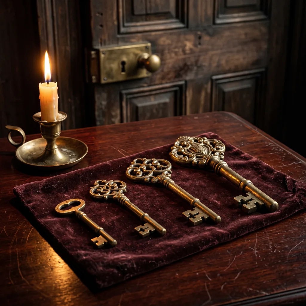 Four ornate brass keys of ascending size on velvet by candlelight, leading toward a locked door, symbolizing the four stages of Sudden Wealth Syndrome