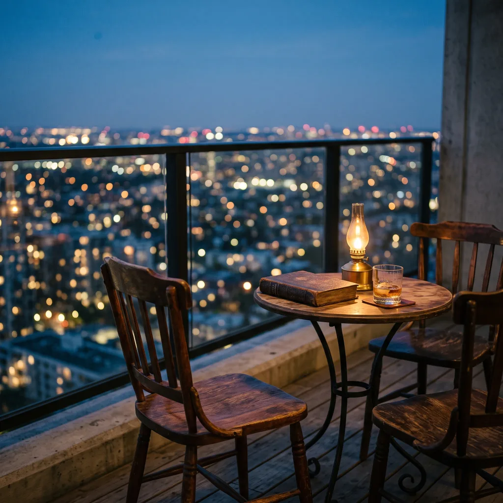 Three antique wooden chairs around a small cafe table on a high-rise balcony at dusk, one chair pulled back and empty, symbolizing the three unmet needs behind hitting a financial number