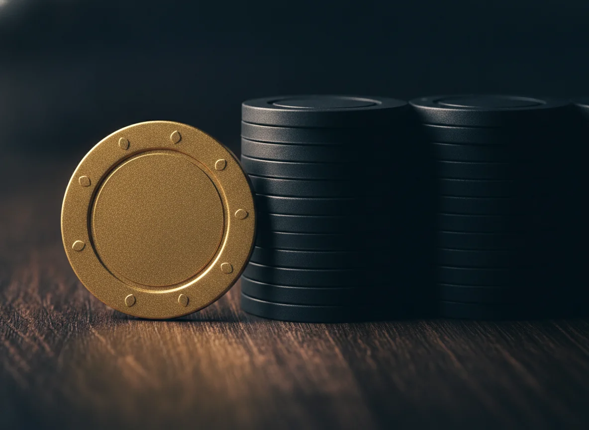 A single gold chip raised against a stack of dark chips, catching the light