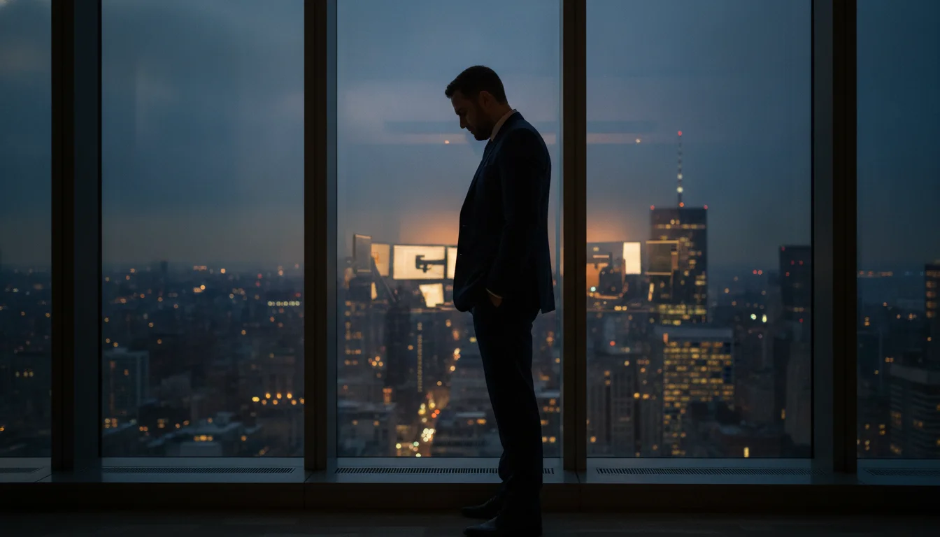 A trader silhouetted at a floor-to-ceiling window at dusk, the ambiguous twilight hour
