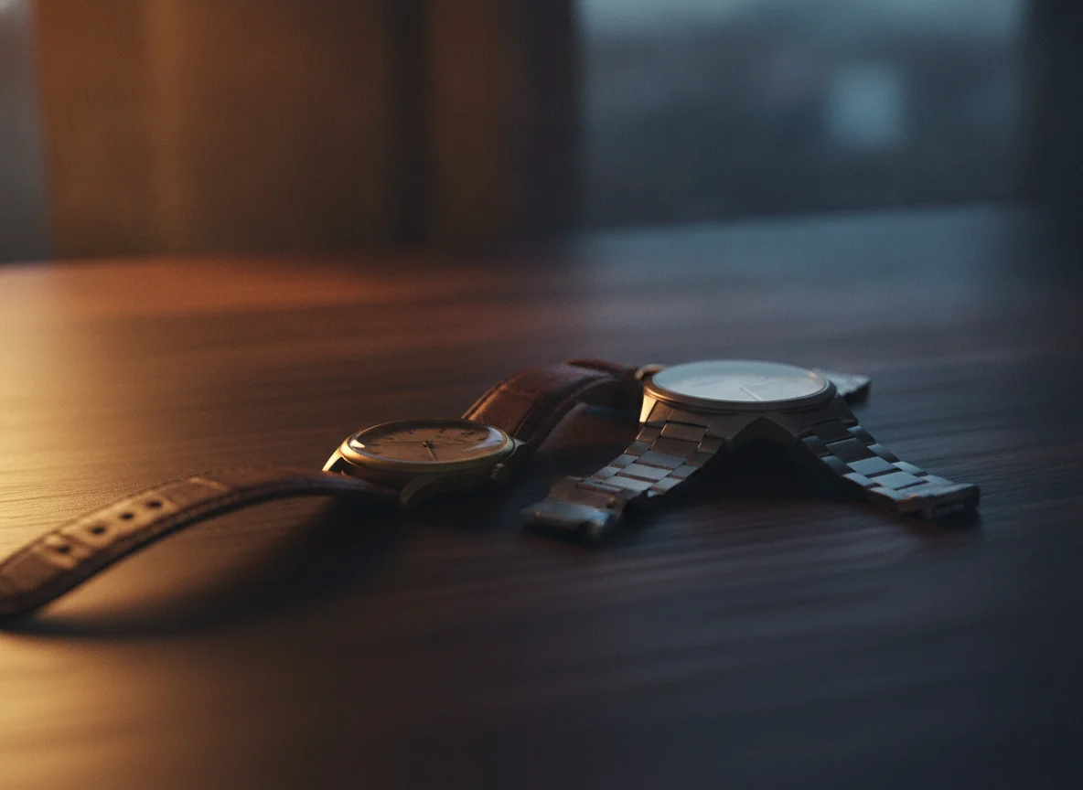A vintage watch and a modern watch resting side by side on a desk, showing the same time