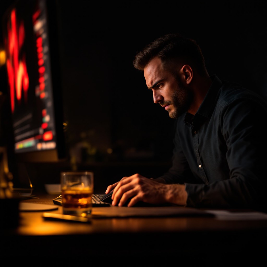 A trader at a darkened desk at night gripping the mouse, tense and frustrated, lit by a warm lamp and the red glow of a falling chart