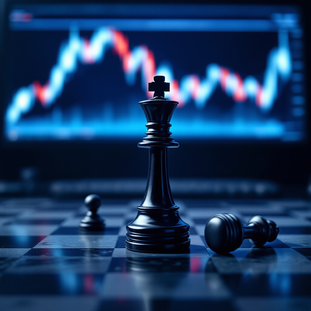 A single upright black chess king amid toppled pieces on a reflective board, a market chart glowing blue behind, a metaphor for composure in the mental game of trading.