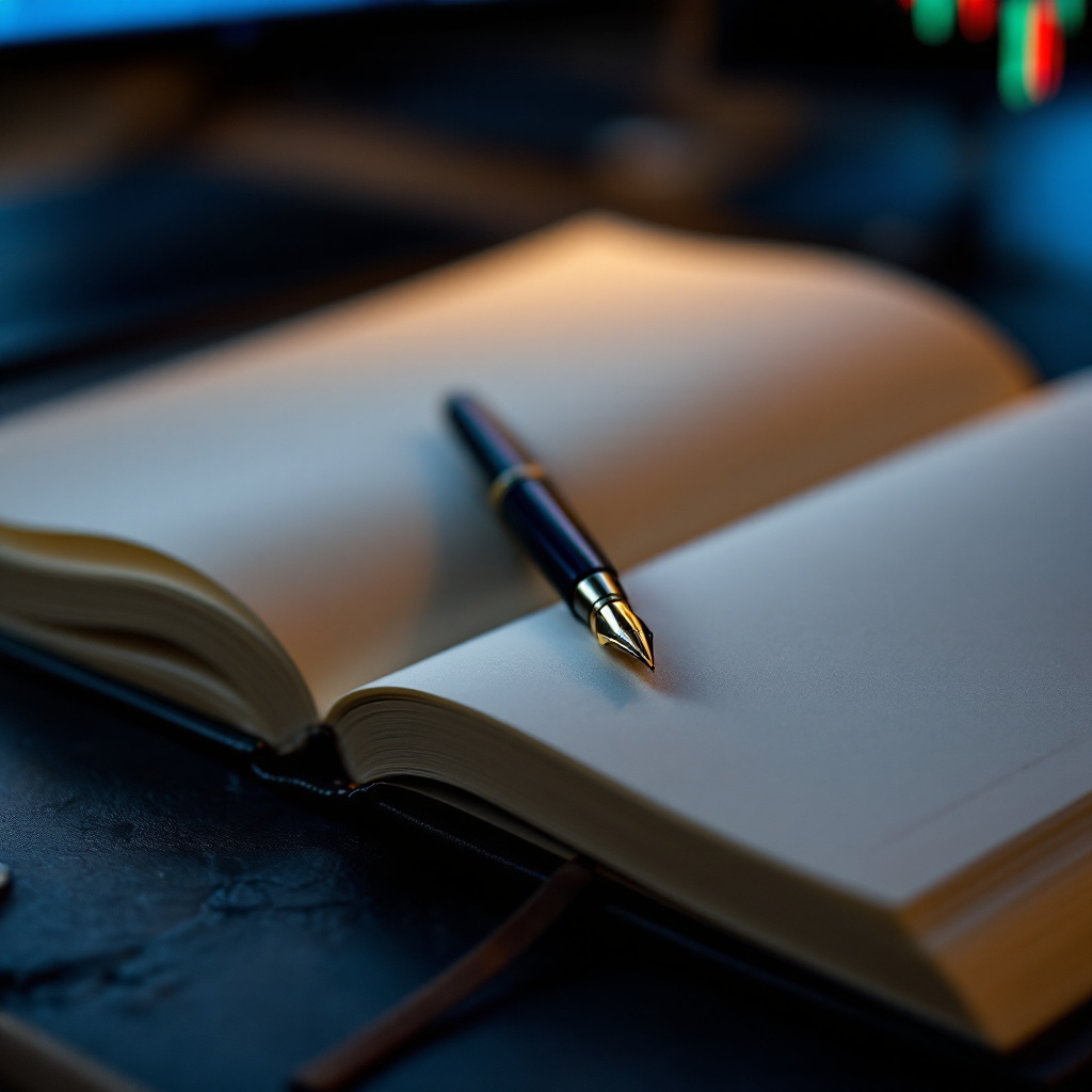 An open leather trading journal and fountain pen lit by the blue glow of a trading monitor, a candlestick chart out of focus behind.