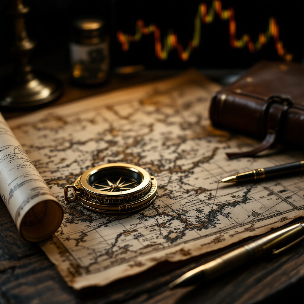 Antique brass compass resting on an aged nautical map beside a leather journal, a metaphor for the guidance a trading mentor provides.