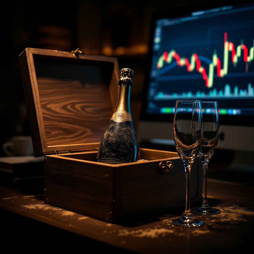 An unopened bottle of vintage champagne in a dusty wooden case beside two unused glasses, a trading chart glowing behind it.