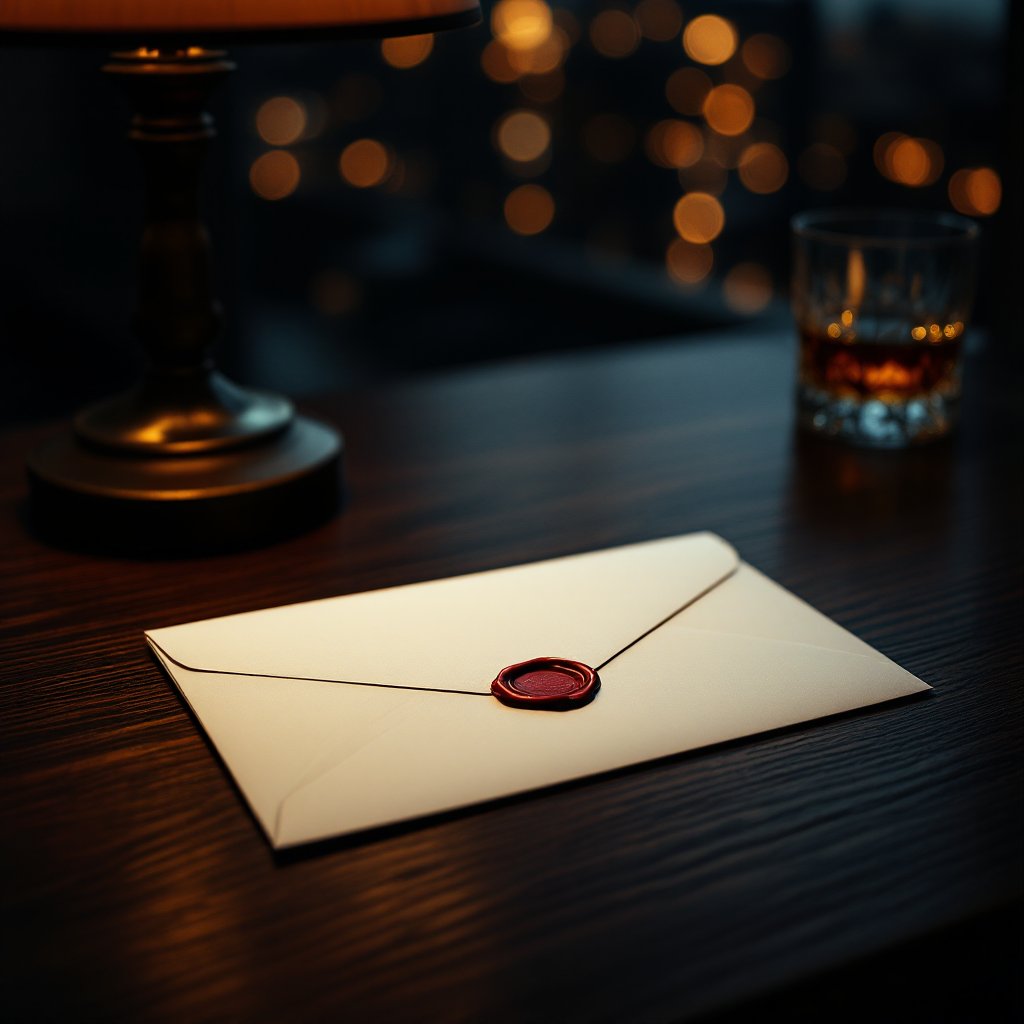 A sealed, unopened envelope with a red wax seal on a walnut desk at dusk, city lights blurred in the background.
