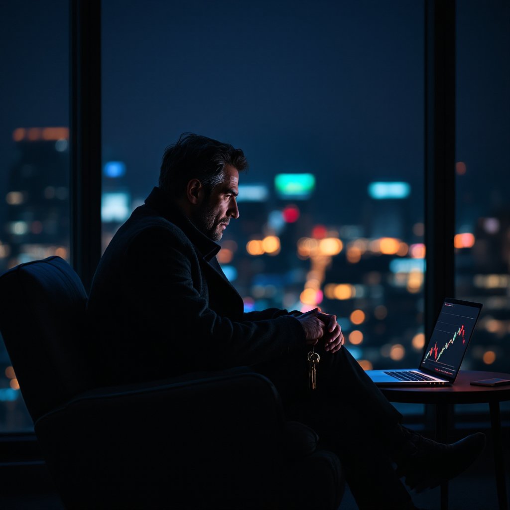 An executive in an overcoat perched on the edge of an armchair in a dark penthouse, keys in hand, city lights behind him.